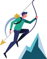 Man with bow and arrow jumping over mountain peak isolated on white background