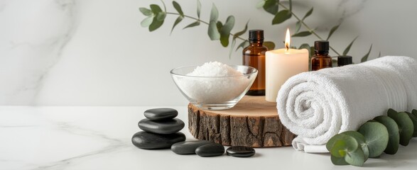 Fototapeta premium Spa setting with bath salts, essential oil bottles, hot stones, and rolled towel on a marble surface.