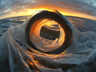 Ephemeral Aquasphere: Light Embracing the Heart of a Breaking Wave at Sunset