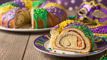 Slice of king cake with colorful icing and beads for Mardi Gras celebration on a wooden table