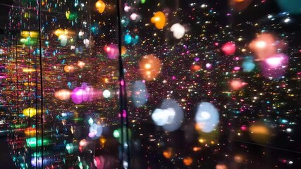 A vibrant display of lights and colors fills a mirrored space, creating an immersive experience for visitors at an art exhibit. The reflections enhance the captivating atmosphere. - Powered by Adobe