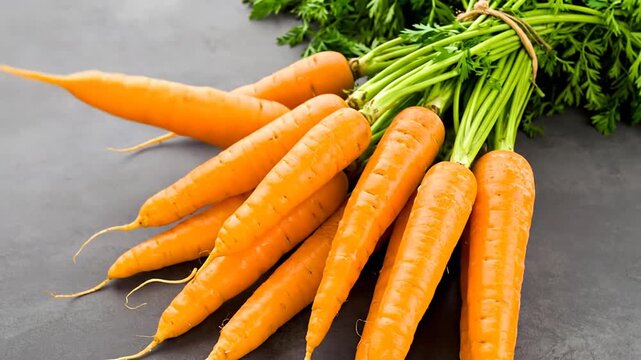 A close-up shot of a bunch of fresh, vibrant orange carrots with their green tops