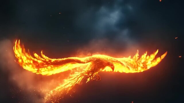 Majestic fiery phoenix soaring through dark clouds