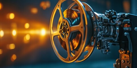 Obraz premium Film reel rotating on a projector in a cinema auditorium