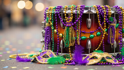 Drum adorned with beads and masks for Mardi Gras celebration on a festive street