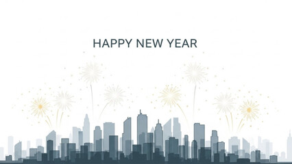 Fototapeta premium New Year Cityscape: A festive cityscape silhouette against the backdrop of vibrant fireworks, accompanied by Happy New Year text, embodying a time of new beginnings and celebrations.