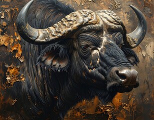 Naklejka premium Close-up of a detailed buffalo head, textured with metallic hues