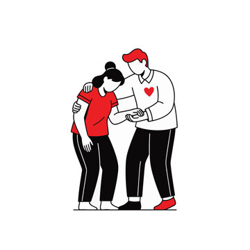 Man supporting distressed woman. Empathy and care concept. Minimalist line art vector illustration isolated on transparent background