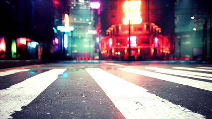 Vibrant city streets come alive at night, showcasing colorful neon lights from nearby buildings. The wet pavement reflects the brightness, inviting night owls and explorers.