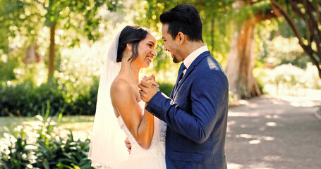 Wedding, happy couple and love in nature with smile, support and celebration for bridal union or...
