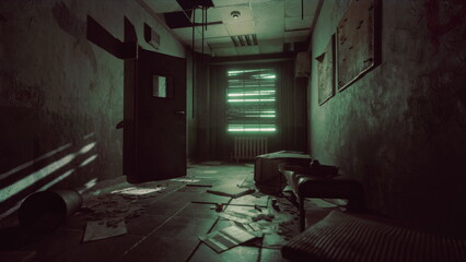 A dimly lit corridor shows an unsettling scene filled with scattered papers on the floor. Green light filters through the window, adding an eerie vibe to the abandoned space.