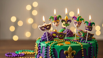 Mardi Gras cake decorated with festive candles and masks on a blurred background, with copy space