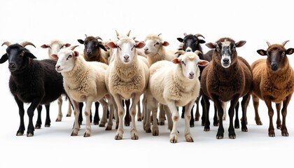 Fototapeta premium Diverse flock of sheep including black brown and white animals stands together. These farm animals show variety in wool color and texture. A group of sheep waits patiently on a plain background.