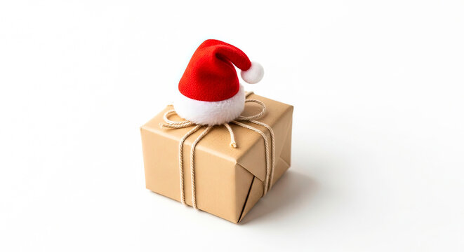 Minimalist brown craft paper gift box with mini Santa hat isolated on white background