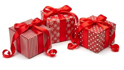 Three red gift boxes wrapped with festive ribbons on a white background