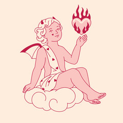 An isolated element of a devil Cupid with a flaming heart in a dark romance style. Perfect as a clipart, sticker, or a line art logo graphic for alternative Valentine's Day designs.