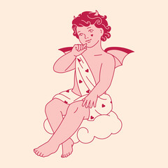 An coquettecore with edge style illustration of a devilish Valentine angel sitting on a cloud. An isolated graphic element blending cute and demonic themes for unique wedding or vintage love projects