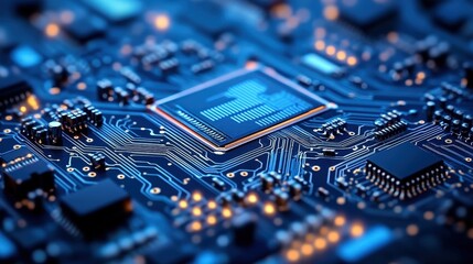 Close up view of an electronic board with many tiny microchiptes in the cpus and chips.