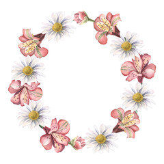 Wreath with alstroemeria flowers, carnations, peony buds. Hand-painted watercolor illustration isolated on white background for wedding invitations, branding, packaging, cards, floral design projects.