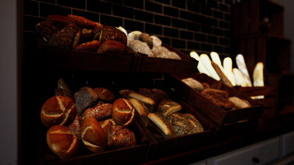 Warm and inviting, a wooden display showcases various types of fresh bread. The rich colors and textures create an appetizing scene, perfect for a morning visit to the bakery.