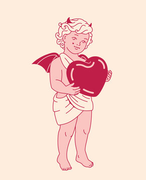 A bright vintage illustration of an adorable devil Cupid holding a big scarlet heart. An isolated graphic element perfect for Valentine's Day and alternative love themes.