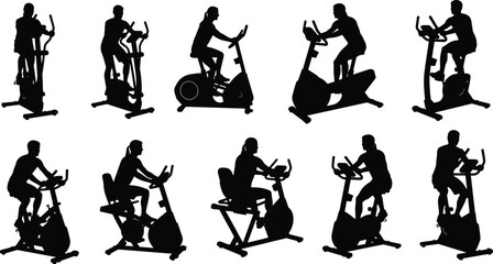 Gym fitness silhouettes collection showing people exercising on stationary bikes isolated on white background, indoor workout sport vector illustration set