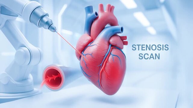 Coronary artery disease diagnosis using robotic technology for heart stenosis scan in medical laboratory showing advanced medical innovation and cardiovascular health treatment