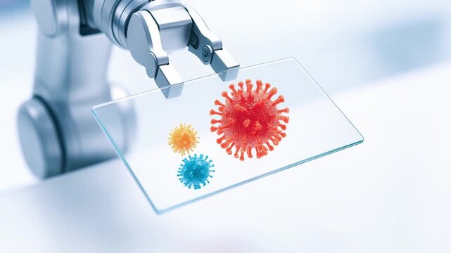 Robotic arm holding glass slide with colorful virus models representing coronary artery disease research and medical technology innovation for improved health outcomes in laboratory setting