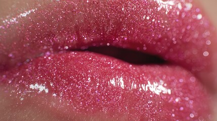 Extreme Macro Shot of Pink Glittery Lips with Shimmering Gloss Finish for Beauty and Fashion Advertising