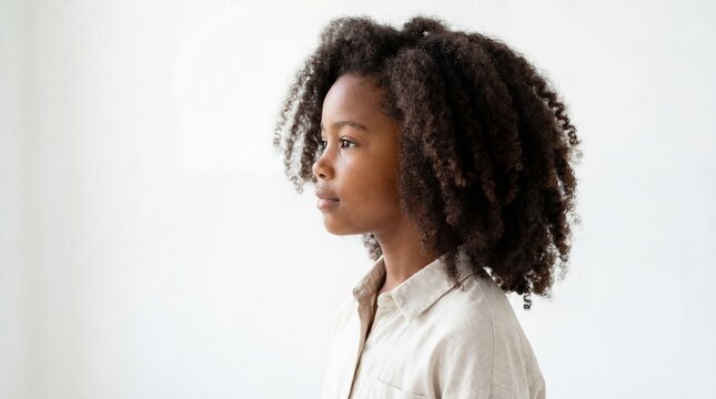 A portrait of a young girl, showcasing her thoughtful and contemplative nature. The soft lighting and side profile highlight her delicate features and expressive gaze, capturing a moment of serenity.
