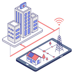 Holographic city building on smartphone screen with solar house and cell tower