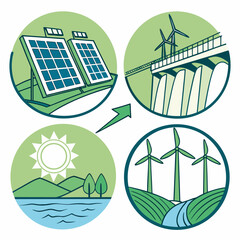 Green energy infographic with solar panels wind turbines and sun