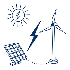 Solar panel wind turbine and sun with lightning bolt connection