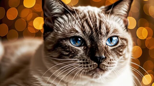 A cute domestic kitten with striking yellow eyes and long whiskers looks forward in this feline animal portrait featuring soft white and tabby fur