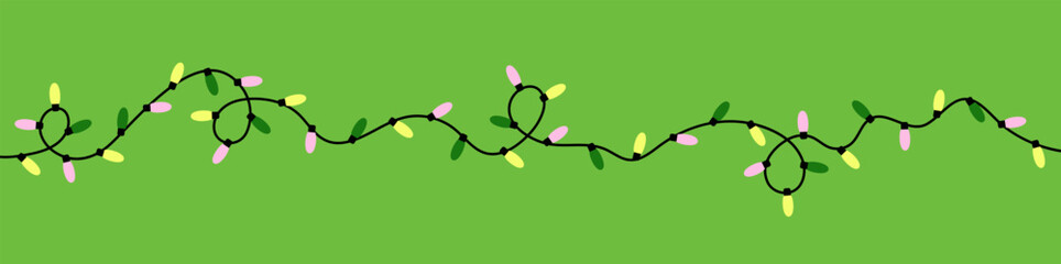 Obraz premium Christmas light garland. Holiday string decoration with festive lightbulb ornaments. Seasonal electric illumination, horizontal hanging adornment, decor. Xmas bulbs on cable. Flat vector illustration