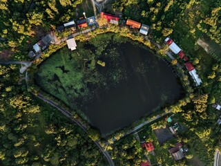 Top-down of small forest lake with floating vegetation and cabins © John