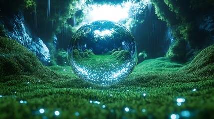 Enigmatic orb reflecting a forest path, nestled in luminous green moss