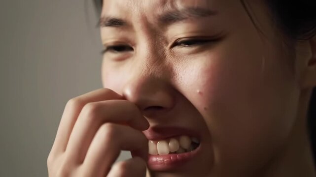 Asian woman picking her nose against gray backdrop. Could be used for sickness