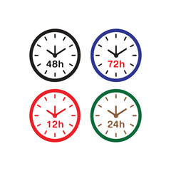 Four clocks showing different time durations: 48h, 72h, 12h, and 24h. Modern clock vector design.