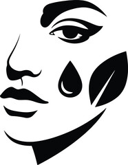 Stylized black and white face profile with water droplet and leaf icon for beauty or skincare concept
