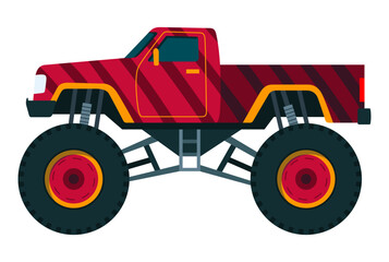 Monster truck. Bright colorful cartoon auto with big wheels. Heavy car with large tires and black tinted windows. Isolated rally 4x4 computer or mobile game © designer_things