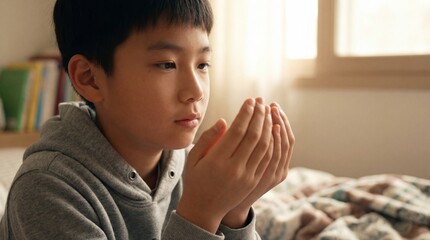 A young boy is portrayed with a gentle, contemplative expression, as he cupped hands in front of him, set against the warm and soft lighting.