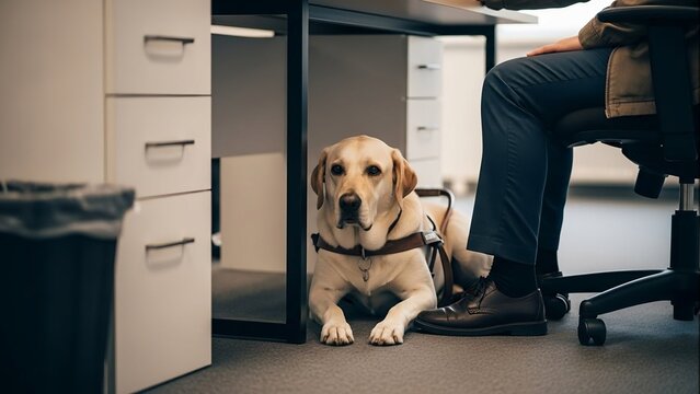 Guide Dog Lying Beside Office Worker.