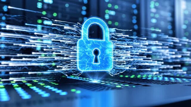 Secure data center with glowing lock icon on keyboard, symbolizing cybersecurity and data protection measures in a dark server room environment from a close-up viewpoint.