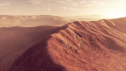 Golden sunlight bathes the rugged hills of a vast desert landscape. Gentle slopes create a tranquil atmosphere, inviting exploration and reflection amidst the serene beauty of nature.