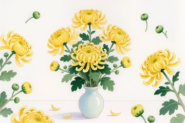 Obraz premium Illustration of chrysanthemum flowers arranged for Tết altar decoration, soft pastel illustration, white background.