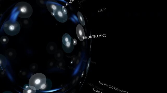 Revolving molecular science overlay with futuristic technology glossary in black space