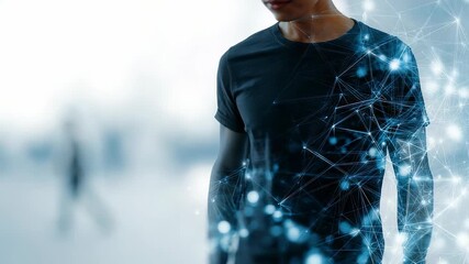 A person is shown with a glowing network of digital lines and nodes, symbolizing connectivity and advanced technology. The image conveys themes of innovation, data, and the digital future - Powered by Adobe