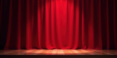 Crimson curtain rises, spotlight on empty stage, reveal, setting, show