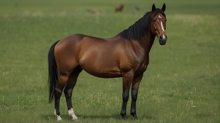 A realistic brown horse standing calmly in an open green field, natural daylight, ultra-detailed, photorealistic.